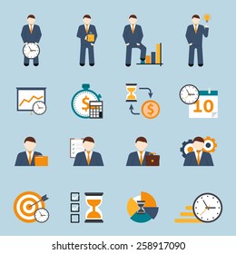 Effective office hours  time management and realistic goal planning strategy flat icons collection abstract isolated vector illustration