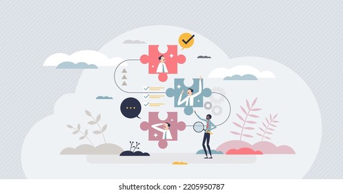 Effective onboarding and employee work tasks explanation tiny person concept. Welcome to fist day at new job scene with human resources introduction presentation about business vector illustration.