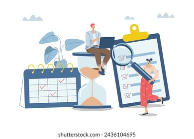 Effective organization of time at work, Managers team organize project calendar. Work planning, Time control, Reminder, Business team organizes professional planning calendar. Vector illustration.