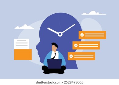 Effective organization of work in thought, Time management, Planning, Work control, Prioritization, Businessman plans work regulations and executes it 2d flat vector illustration