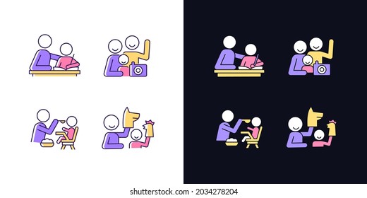 Effective parenting style light and dark theme RGB color icons set. Helping with homework. Family portrait. Isolated vector illustrations on white and black space. Simple filled line drawings pack
