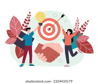 Relaciones de asociación eficaces. Lograr el objetivo establecido. Proyecto exitoso, idea implementada. Personajes de colores vectoriales celebrando su éxito en el trabajo. Proceso de consecución de los objetivos de carrera