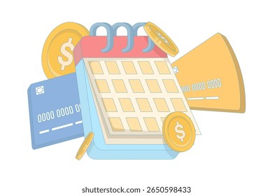 effective payment reminder concept with calendar and money with payment card. debit card due date, financial planning, payment reminder. expense schedule, due date, cash flow. flat illustration.