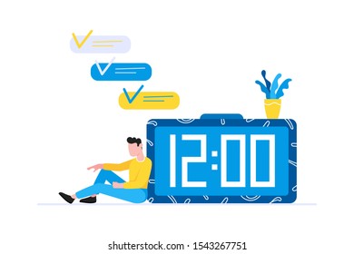 Effective planning time management business concept. Man sitting near clock and resting after work. Business people character, flat style clipart for infographic banners isolated on white background.