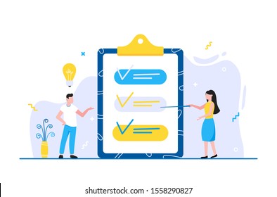 Effective Planning time management business concept. People near clipboard with ticks V check marks and lightbulb above. Business people character, flat style clipart isolated on white background.
