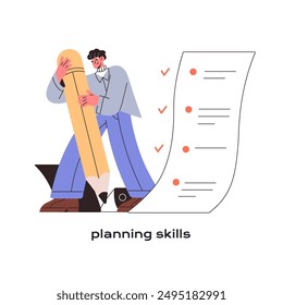 Effective planning and time management concept. Employee with ability to self organization, soft skills. Office worker completing task list with pencil. Flat isolated vector illustration on white