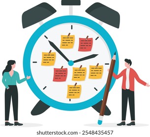 Planificación efectiva y gestión del tiempo en el trabajo. empresario y gerente mujer con relojes. Gestiona tu organización del tiempo. Ilustración vectorial
