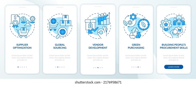 Effective procurement strategies blue onboarding mobile app screen. Walkthrough 5 steps editable graphic instructions with linear concepts. UI, UX, GUI template. Myriad Pro-Bold, Regular fonts used