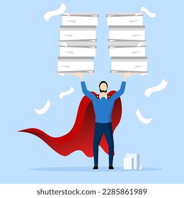 effective or productive concept, Handle busy work, organize paperwork or paperwork, manage workload or complete multiple tasks within deadline, businessman superhero carrying multiple documents.