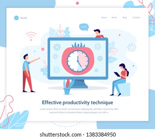 Effective productivity Pomodoro technique. Landing design template. Flat vector illustration.