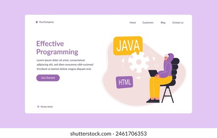 Effective programming landing page. Cartoon flat man developer working on laptop. Software programmer designing website. Coding project, online business content website template vector
