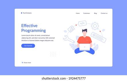 Effective programming landing page, Man working with script vector, office developer coding, business programmer development and writing illustration