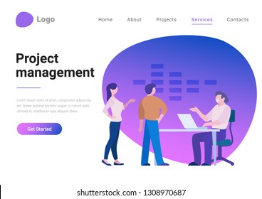 Effective Project Management Flat style vector illustration landing page banner. Employees standing near boss top manager workplace.