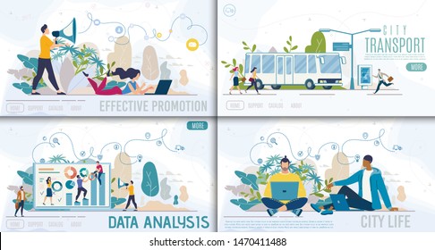 Effective Promotion, City Transport, Data Analysis and City Life Flat Vector Web Banners, Landing Pages Templates Set with Business Analytics Team, Working Marketing Managers, Bus Stop Illustration