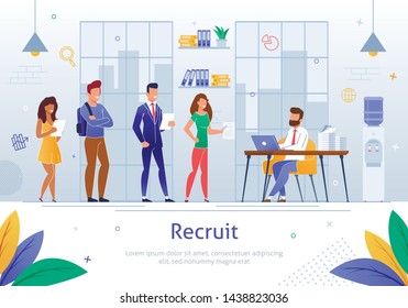 Effective Recruitment, Getting Best Job Flat Vector Banner Template. Hiring Manager Conducting Interview with Job Applicants. Reading Resumes in Office. Candidates Waiting for Opportunity Illustration.