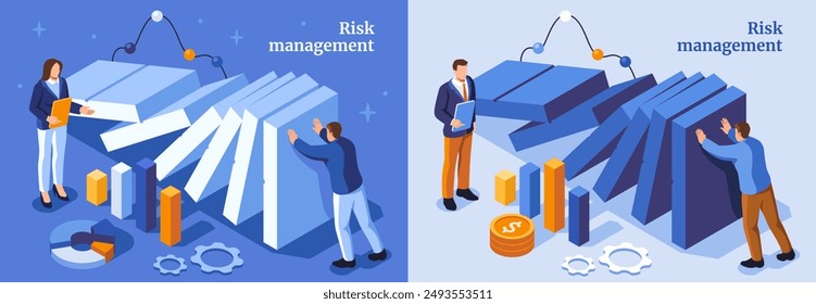 Effective risk management. Man and woman entrepreneurs stopping domino effect. Financial analysis and monitoring for business growth and bankruptcy prevention. Isometric 3D vector illustration set