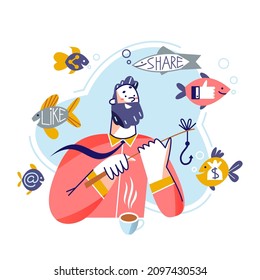 Effective smm expert working with audience vector illustration. Cartoon funny man fishing with rod for fishes, catching users likes in social media, sales and money. Promotion campaign concept