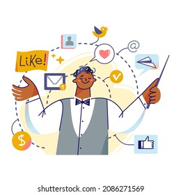 Effective smm management vector illustration. Cartoon funny orchestra conductor with stick managing likes, followers, incoming messages, working with brand audience. Productivity, smm service concept