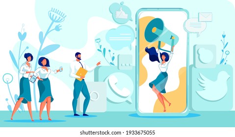Effective SMM Strategy. Woman on Smartphone Screen with Megaphone in Hands, Trying to Build Awareness for Her Business, Involving New Followers to Her Page. Interested People with Gadgets.