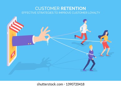 Effective strategies to improve customers loyalty vector, client retention poster. Hand of businessman holding people on thread, man and woman running. Customer retention