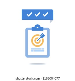 Effective strategy, efficient performance, productivity improvement, mutual agreement, common ground, project management, task solution, clipboard check list, compromise concept, target arrow, icon