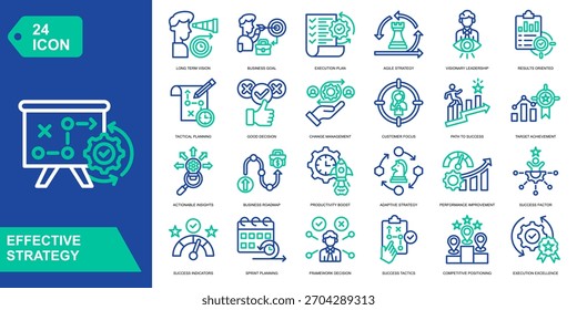 Conjunto de colección de icono de estrategia eficaz. Visión a Largo Plazo, Objetivo de Negocio, Plan de Ejecución, Estrategia Ágil. Iconos de vector de color de línea.