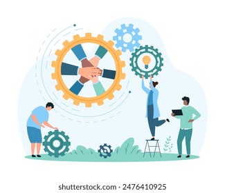 Effective and strong dedicated team, collaboration of employees. Tiny people holding light bulb inside gear, teamwork of workers for moving cogwheel company mechanism cartoon vector illustration