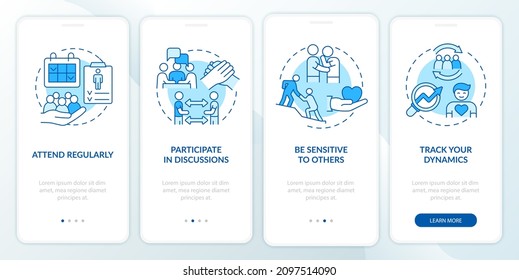 Effective support group visits onboarding mobile app screen. Empathy walkthrough 4 steps graphic instructions pages with linear concepts. UI, UX, GUI template. Myriad Pro-Bold, Regular fonts used