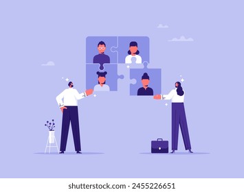 Effective team building and management concept, business team connect jigsaw puzzle with business partners, company staff coordination and teamwork productivity