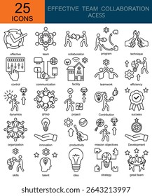 Ícones de Acesso Efetivo à Colaboração em Equipe no estilo de linha. Contendo efetivo, equipe, colaboração, programa, técnica, controle, comunicação, instalação, trabalho em equipe, eficiência, grupo e muito mais,   