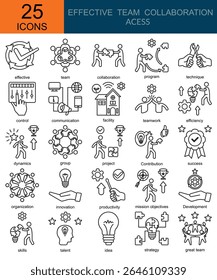 Ícones de acesso de colaboração de equipe eficaz em estilo de linha eficaz, equipe, colaboração, programa, técnica, controle, comunicação, facilidade, trabalho em equipe, eficiência, dinâmica e muito mais,