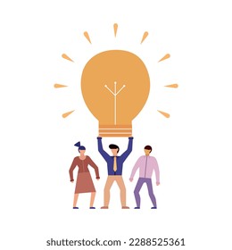 Effective teamwork brainstorming cooperation flat concept with people holding light bulb vector illustration