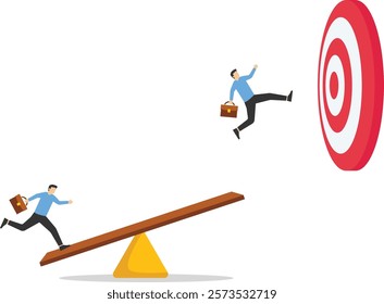 Effective teamwork, Businessman helping employee to reach ultimate goal, Promoting and growing in business, Businessman jumping from springboard to success goal. Vector design illustration.

