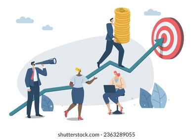 Effective teamwork, career growth, profit, or improvement approaches, career development concept, symbol of teamwork, Businessmen work together to push the arrow graph up. Vector design illustration.