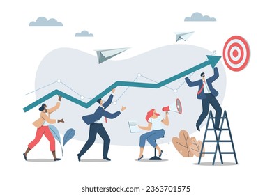 Effective teamwork, career growth, profit, or improvement approaches, career development concept, symbol of teamwork, Businessmen work together to push the arrow graph up. Vector design illustration.
