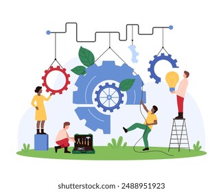 Effective teamwork and collaboration of employees. Tiny people moving parts of factory mechanism in unity, connect light bulb and gears in machine motor system together cartoon vector illustration