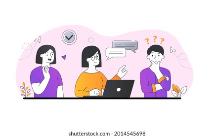 Effective Teamwork concept. Company employees solve the problems that have arisen and generate new business ideas. Work in office. Doodle line art vector illustration isolated on white background