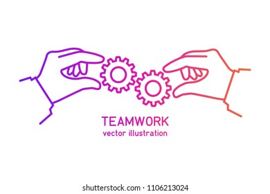 Effective teamwork concept. Flat design color line. Gear hold in hands businessman. Cooperation. Vector illustration. Template banner for web sites, space for text. Achieving results joint efforts.