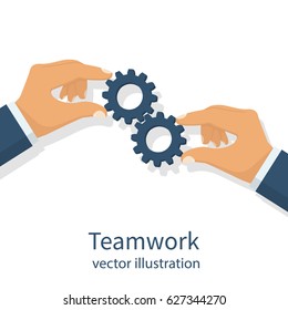 Effective teamwork concept. Gear hold in hands businessman. Cooperation. Vector illustration flat design. Template banner for web sites, space for text. Achieving results joint efforts.