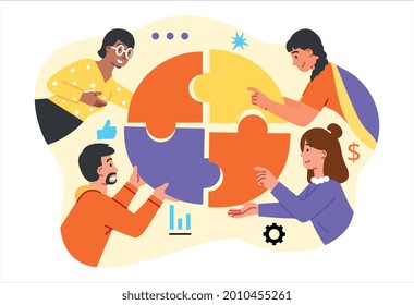 Effective teamwork concept. Men and women hold the puzzle piece in their hands and connect them. Metaphor for creating and developing a business. Cartoon flat vector illustration on a white background