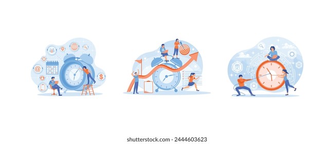Eficacia del trabajo en equipo. Rutinas diarias para alcanzar objetivos. Las Personas hacen el trabajo a tiempo. Concepto de gestión del tiempo. Fije la Ilustración vectorial plana.