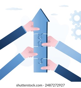 Effective teamwork, employees hands connected parts of pazzle. Innovative ideas help company grow and develop. Business people build big arrow from puzzle pieces. Shared goals, cooperation. vector