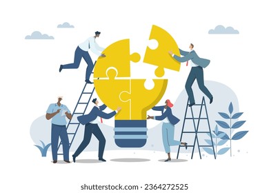 Effective teamwork, problem solving, or ways to improve, career development concept, symbol of teamwork, Business people work together to complete the light bulb jigsaw puzzle in harmony.