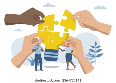 Effective teamwork, problem solving, or ways to improve, career development concept, symbol of teamwork, Big hands work together to complete the light bulb jigsaw puzzle in harmony.