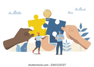 Effective teamwork, problem solving, or ways to improve, career development concept, symbol of teamwork, Business people work together to complete  jigsaw puzzle in harmony.