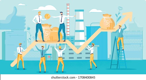 Eficaz trabajo en equipo y estrategia empresarial rentable. Empleados de caricaturas con flecha financiera para el crecimiento con líderes de equipo. Bolsas de dinero. Fabricación en Paisaje. Ilustración plana vectorial