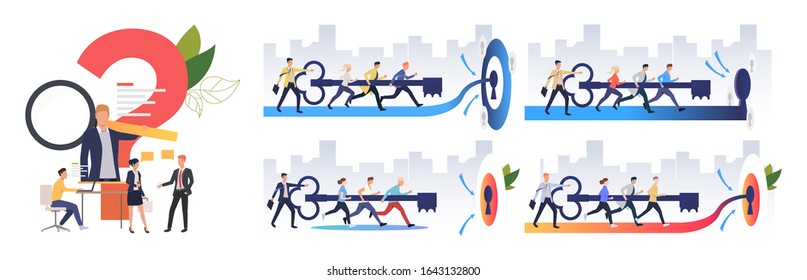 Effective teamwork set. Teamwork inserting key to lock together. Flat vector illustrations. Business, cooperation, leadership concept for banner, website design or landing web page