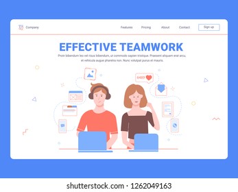 Effective teamwork. Sharing resources. Man and woman with laptops. Marketing department, development or managers. Around activity icons: message, letter, phone, document, folder. Landing page template