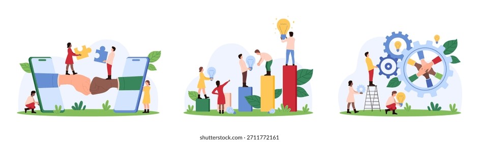 Trabalho em equipe eficaz de equipe dedicada forte, conjunto de colaboração. Minúsculas pessoas construindo o progresso do trabalho e comunicação corporativa, mudanças, encontrar ideias de lâmpada ilustração de vetor de desenhos animados