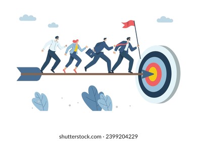 Effective teamwork, Successful business development, Success goals or career growth ideas. Team of businessmen running after an arrow that hits the target. Vecter design illustration.